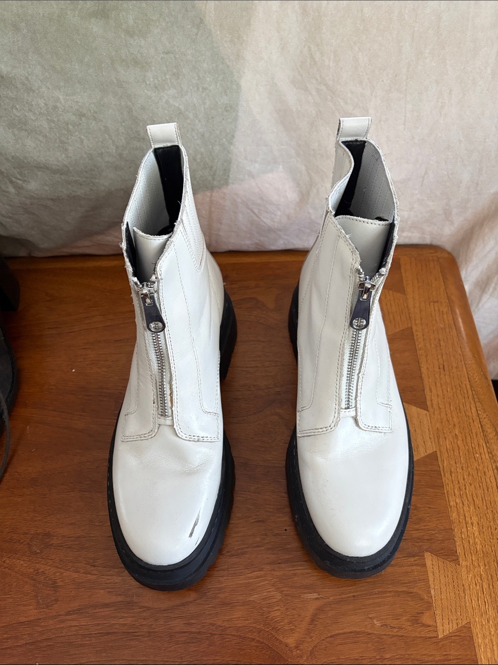 White Leather Front-Zip Platform Ankle Boots
